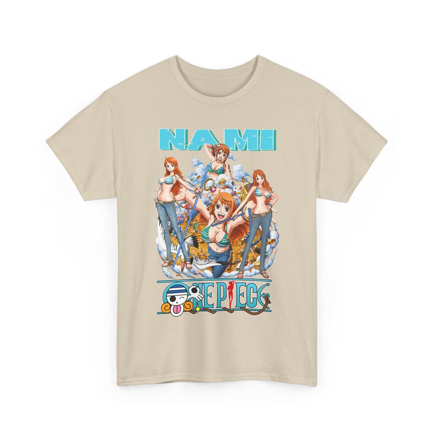 Chic beige men's t-shirt adorned with an eye-catching Nami graphic from One Piece, merging anime passion with fashionable style.