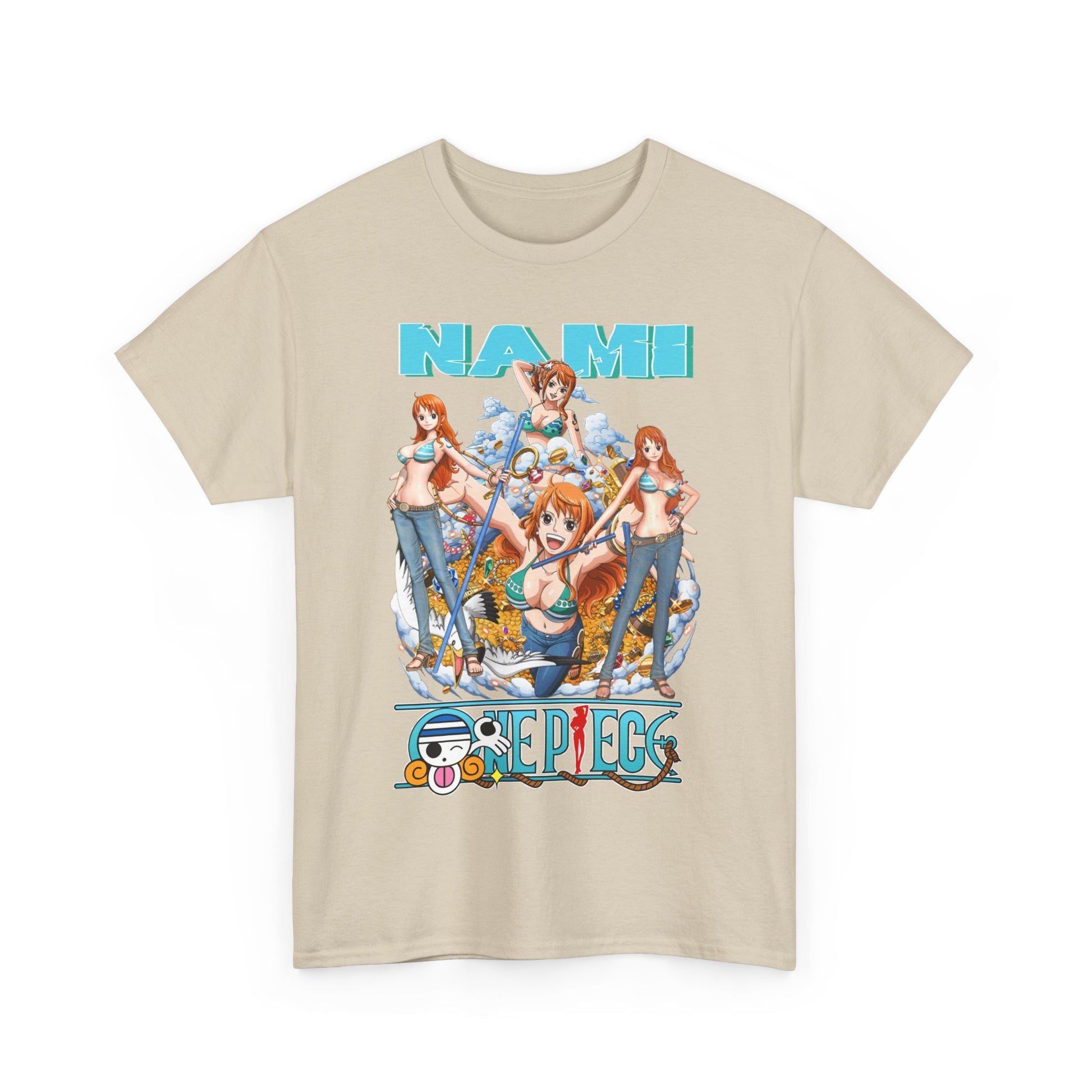 Chic beige men's t-shirt adorned with an eye-catching Nami graphic from One Piece, merging anime passion with fashionable style.