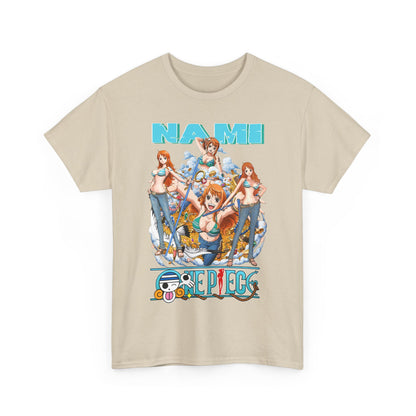 Chic beige men's t-shirt adorned with an eye-catching Nami graphic from One Piece, merging anime passion with fashionable style.