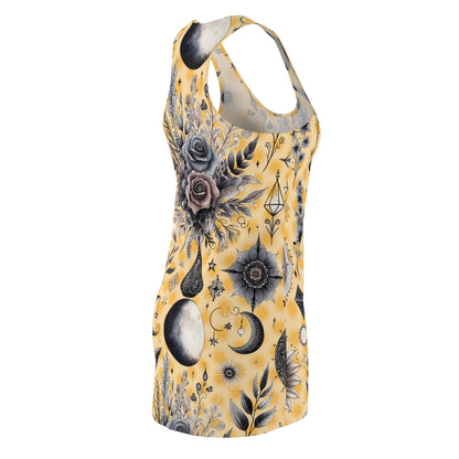 Chic Women's Designer Racerback Dress featuring a floral and celestial design on a bright yellow background, showcasing sporty elegance for casual summer outings.