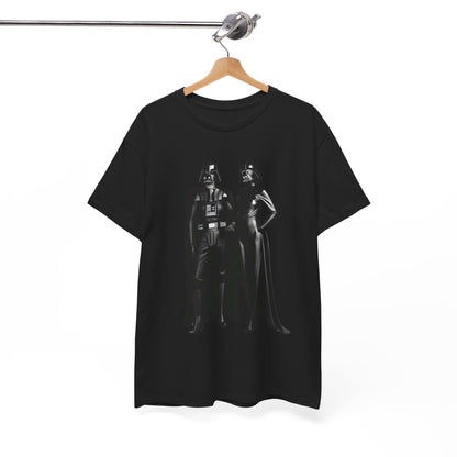 Mr + Mrs Vader Star Wars Unisex Mens Graphic Cotton Funny T Shirt Tee Vintage displayed on hanger highlighting its bold Sith design.