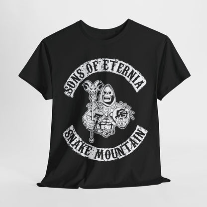 Skeletor Sons of Anarchy Mashup Unisex Men´s Women´s Graphic T Shirt Tee showcasing a gothic design featuring a skeletal figure wielding a staff and the text 'SONS OF ETERNIA' and 'SNAKE MOUNTAIN' in a vintage distressed style.