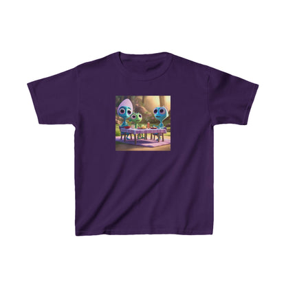 Kids Cute Aliens Heavy Cotton Tee in elegant purple, featuring delightful alien companions engaging in imaginative play, perfect for trendy young adventurers.