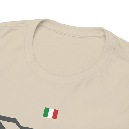 Close-up of the crew neck of the stylish beige Aston Martin DB4 T-shirt, highlighting its premium fabric and exquisite Italian flag insignia.