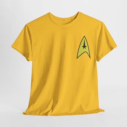Elegant yellow Star Trek Starfleet uniform graphic t-shirt showcasing the classic insignia, designed for both men and women.