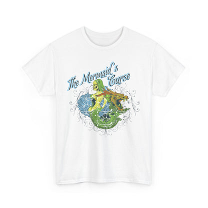 Sophisticated white t-shirt presenting a vibrant illustration of a siren and dragon, complemented by the phrase 'The Mermaid's Curse' in stylish lettering, ideal for collectors.