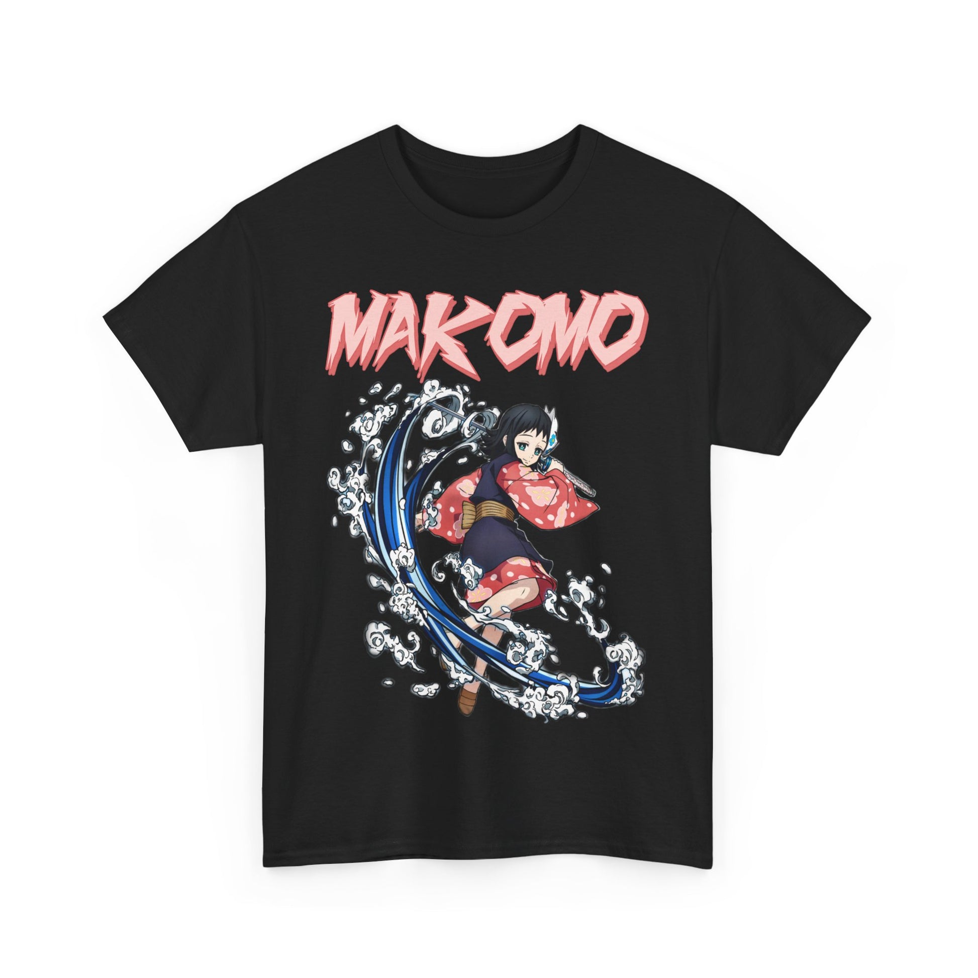 High-quality black Makomo T-shirt with striking water splash artwork, ideal for anime collectors and fashion lovers.