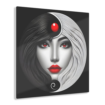 Yin-Yang Acrylic Art Print - 12-Inch Square, Modern Elegance featuring a captivating stylized portrait of a woman, harmoniously combining black and white lines around her face with a vibrant red dot symbolising intuition.