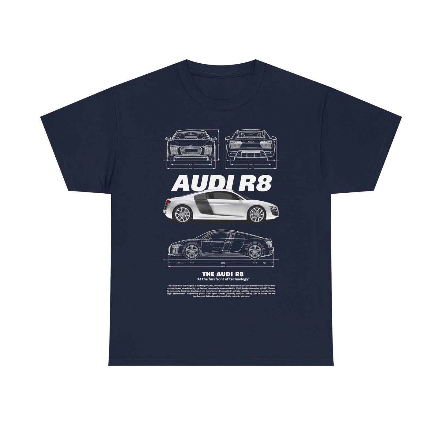 Elegant men's navy t-shirt displaying a stylish Audi R8 design with intricate line drawings and specifications, perfect for automotive enthusiasts.