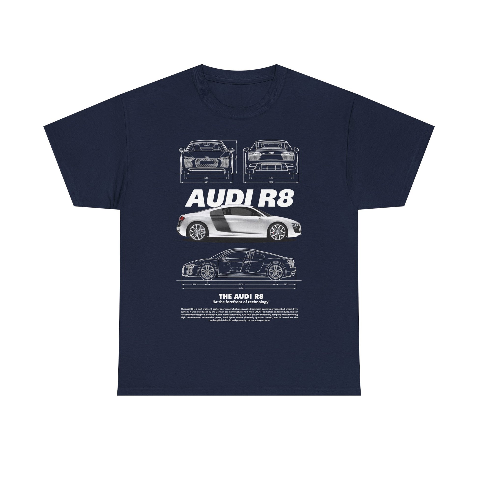 Elegant navy blue men's t-shirt featuring an artistic representation of the Audi R8, presenting detailed line illustrations with the description 'The Audi R8: At the forefront of technology', suitable for a luxury vibe.