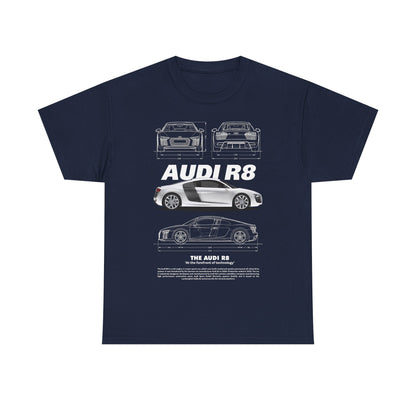 Elegant navy blue men's t-shirt featuring an artistic representation of the Audi R8, presenting detailed line illustrations with the description 'The Audi R8: At the forefront of technology', suitable for a luxury vibe.