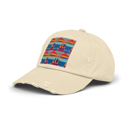 Luxurious unisex distressed cap in beige, showcasing a beautiful paddleboarding design, perfect for outdoor enthusiasts and stylish casual wear.