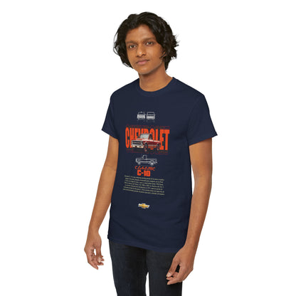 Dazzling Dreams Studio luxury Chevrolet C-10 graphic t-shirt for men, showcasing a vintage truck design in rich colours, ideal for classic car enthusiasts.