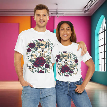 Luxurious Skulls and Roses Cotton Tee featuring a stunning graphic design with skulls and rose motifs, shown on a couple in a stylish, modern interior setting.