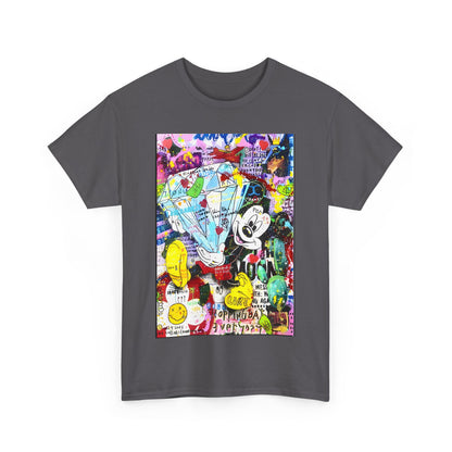 Mickey Mouse Graffiti Graphic Unisex T Shirt Tee featuring vibrant artwork with playful designs and bold colours on a grey background for a luxurious, contemporary style.