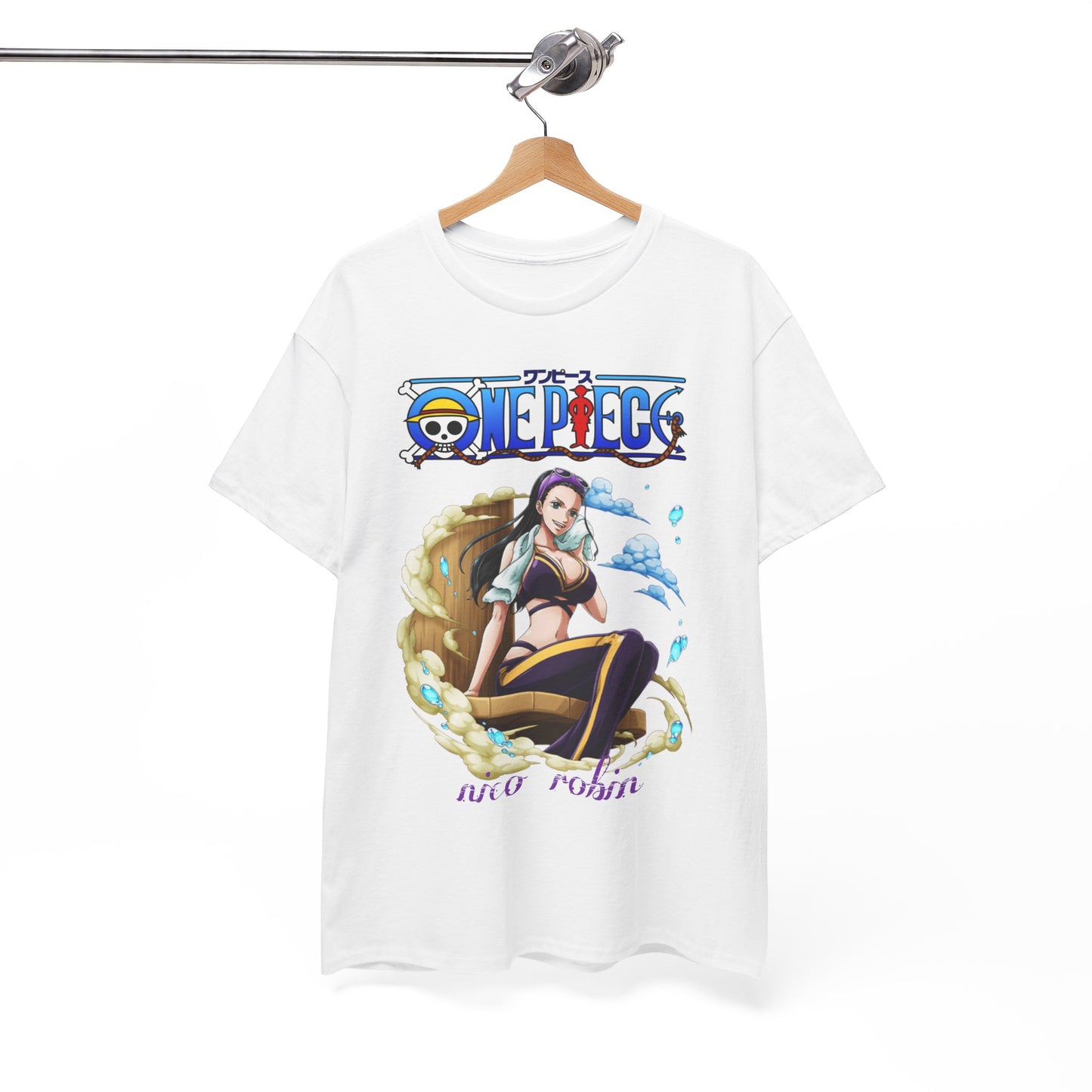 Elegantly displayed white men's t-shirt featuring Nico Robin from One Piece, showcasing a dynamic illustration that combines style and fandom in a sophisticated manner.
