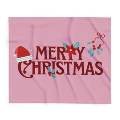 Close-up of the vibrant Decorative and Warm Christmas Arctic Fleece Blanket showcasing a festive 'Merry Christmas' design with seasonal motifs, ideal for holiday décor.
