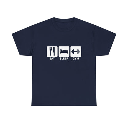 Elegant navy blue gym t-shirt showcasing a sleek graphic design with white icons representing 'EAT', 'SLEEP', and 'GYM' in a refined style.
