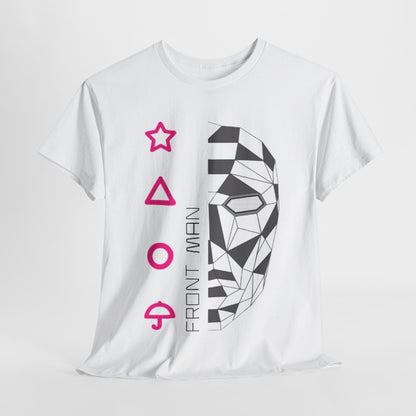 Luxury Squid Game unisex graphic T-shirt featuring a striking black and pink design of the Front Man character, ideal for street urban fashion.