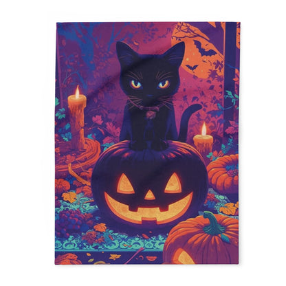 Decorative and Warm Halloween Spooky Arctic Fleece Blanket featuring a charming black cat on a jack-o'-lantern, surrounded by pumpkins and candles, ideal for cozy Halloween decor.