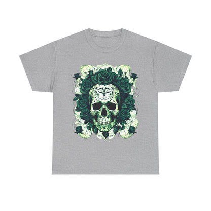 A luxurious grey Skulls and Roses Cotton Tee presented flat, showcasing its exquisite skull and rose design, perfect for alternative fashion enthusiasts.