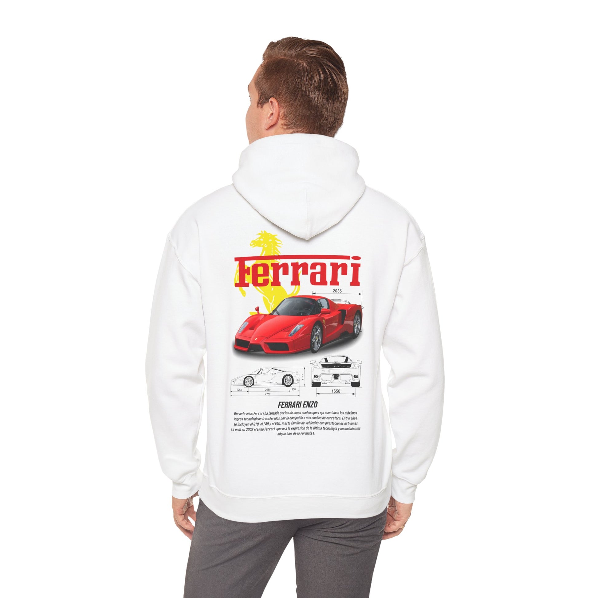 Man wearing a luxury white Ferrari Enzo hoodie, featuring a detailed back print of the iconic car, exuding style and passion for automotive excellence.