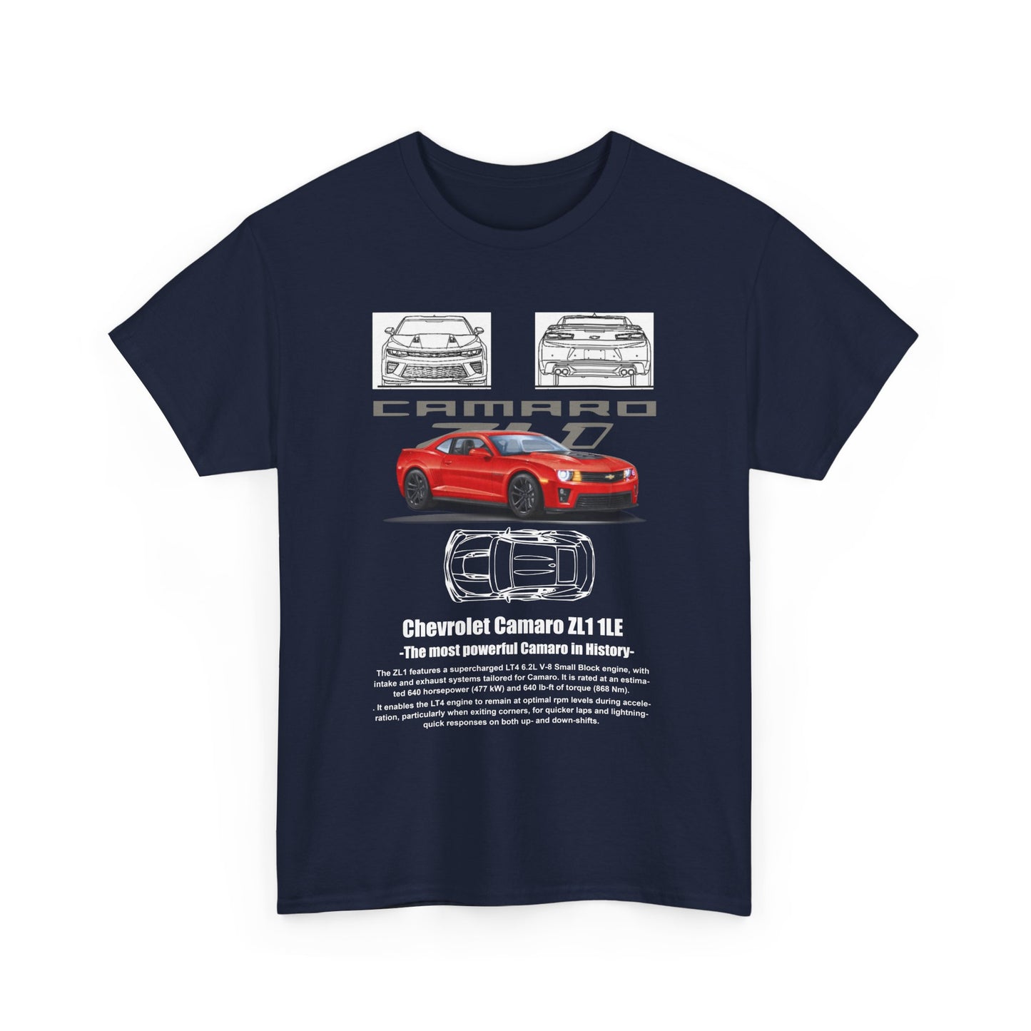 Front view of a sophisticated navy blue t-shirt displaying a striking Chevrolet Camaro ZL1 1LE graphic, ideal for car enthusiasts.