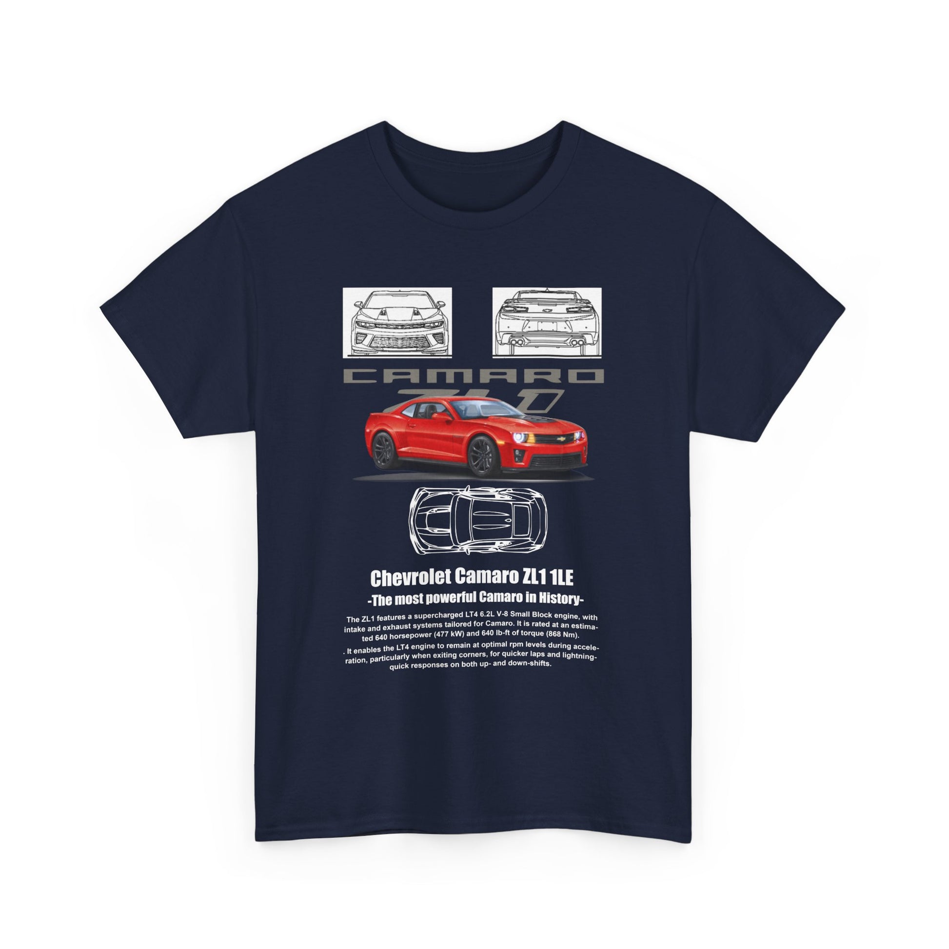 Front view of a sophisticated navy blue t-shirt displaying a striking Chevrolet Camaro ZL1 1LE graphic, ideal for car enthusiasts.
