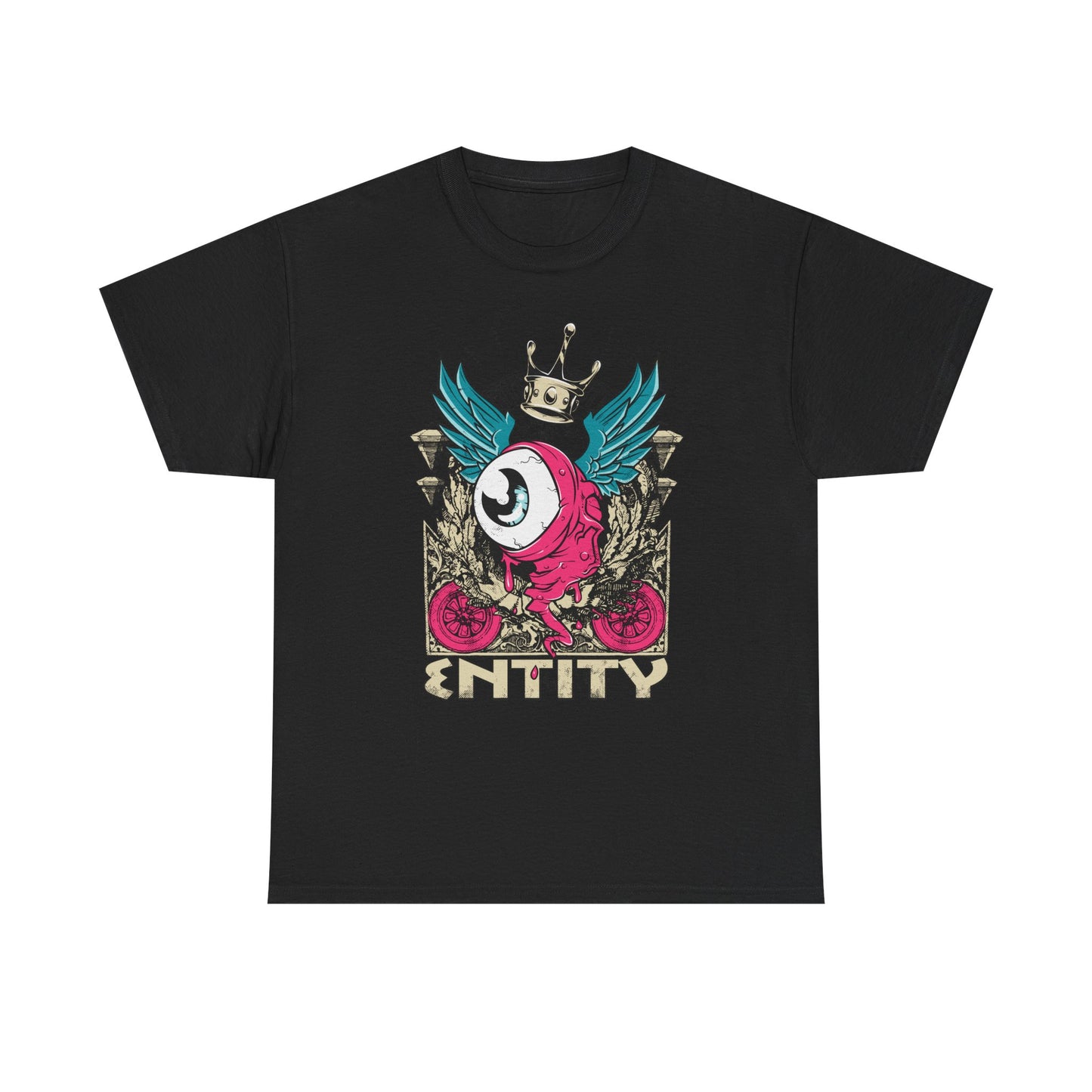 Luxurious black men's t-shirt featuring a vibrant grotesque eye graphic with teal wings and a golden crown, perfect for streetwear fashion.