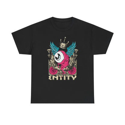Luxurious black men's t-shirt featuring a vibrant grotesque eye graphic with teal wings and a golden crown, perfect for streetwear fashion.