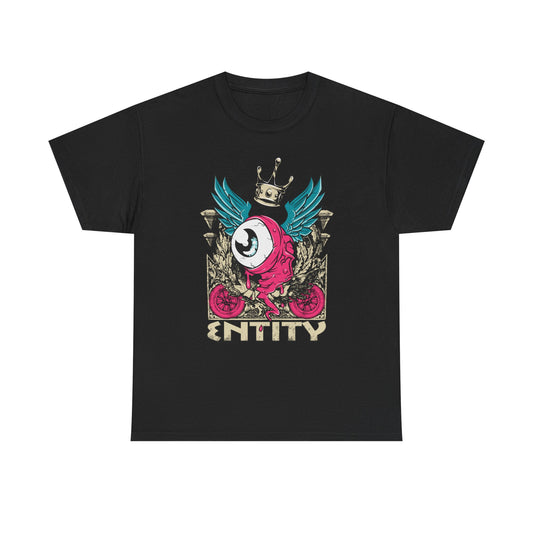 Luxurious black men's t-shirt featuring a vibrant grotesque eye graphic with teal wings and a golden crown, perfect for streetwear fashion.