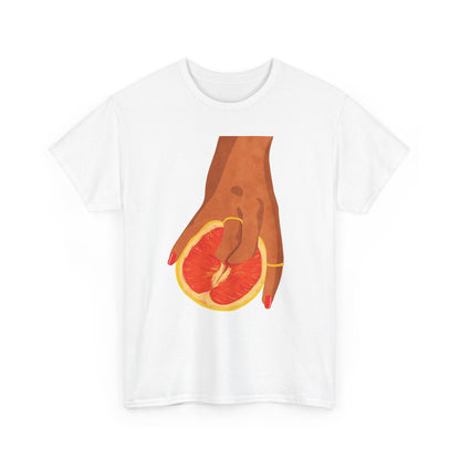 Vibrant Grapefruit Women's Graphic T-Shirt in crisp white, showcasing a sophisticated design with a hand delicately cradling a juicy grapefruit, perfect for elevating your wardrobe.