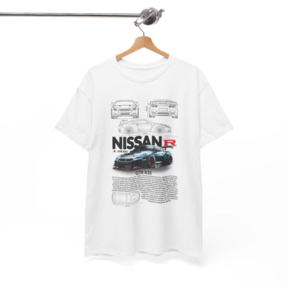 Stylish Nissan GTR R35 T-Shirt hanging on display, highlighting an impressive technical illustration with a striking racing pose of the vehicle.