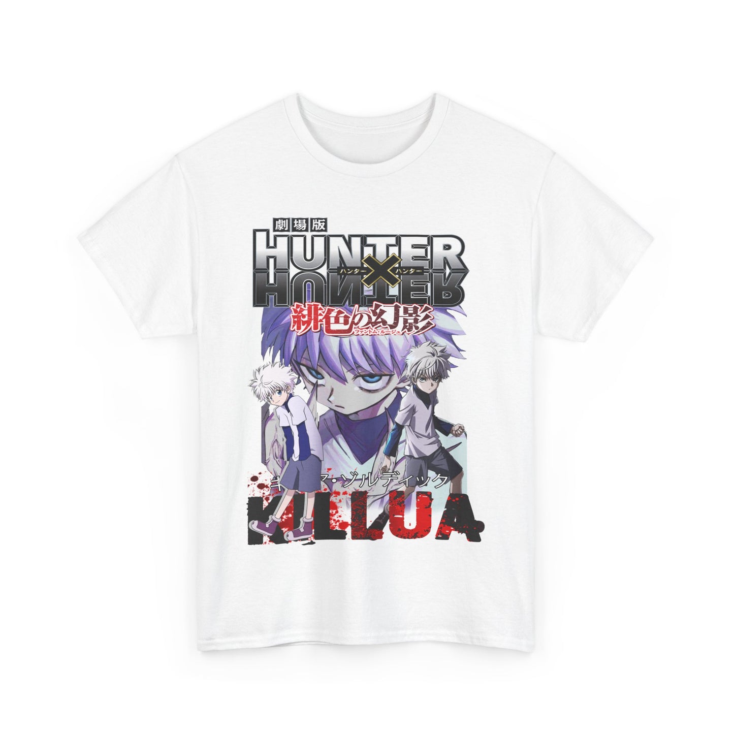 Elegant white tee showcasing a striking 'Hunter x Hunter' design, highlighting Killua in dynamic poses, perfect for sophisticated casual wear.