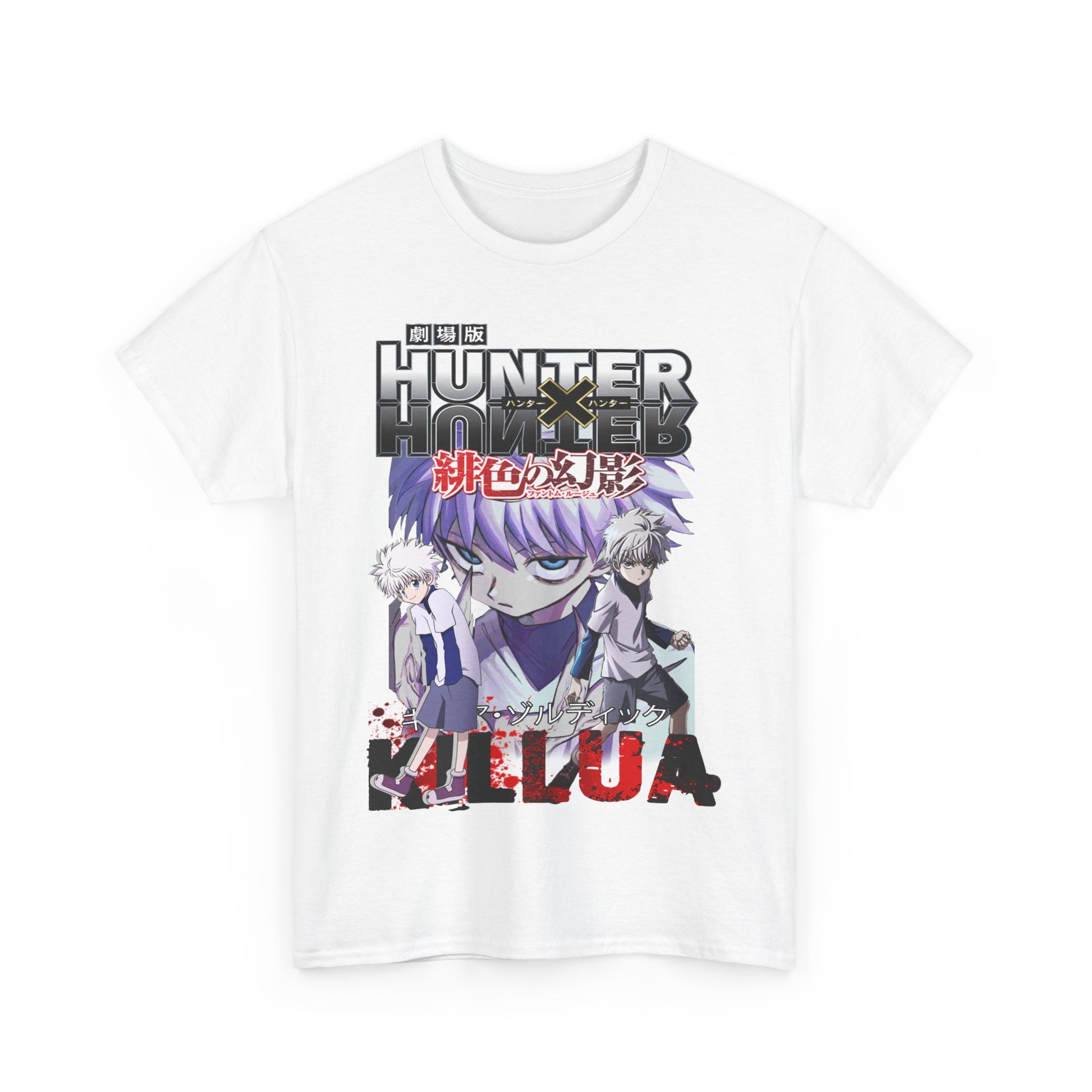 Elegant white tee showcasing a striking 'Hunter x Hunter' design, highlighting Killua in dynamic poses, perfect for sophisticated casual wear.