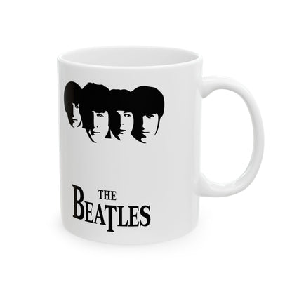 Chic The Beatles Logo Image Ceramic Mug with distinctive band member silhouettes, a must-have for music enthusiasts, blending style and functionality.