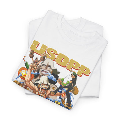 Luxurious One Piece USOPP graphic t-shirt featuring vibrant illustrations of characters, perfect for anime enthusiasts.