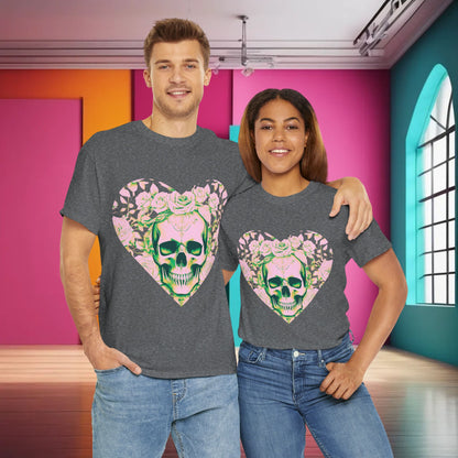 Couple showcasing the Skulls and Roses Cotton Tee, elegantly designed with a skull and roses print, embodying a stylish and alternative fashion statement.
