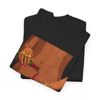Folded Vibrant Wine Glass Women's Graphic T-Shirt highlighting a chic design of a figure pouring wine, elegantly displayed on quality fabric, perfect for sophisticated casual wear.