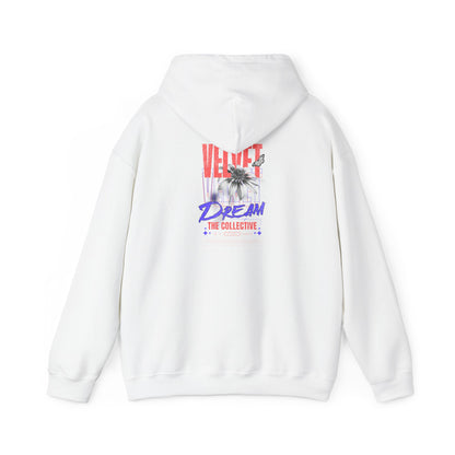 Luxury white hoodie showcasing the stunning VELVET DREAM design on the back, featuring floral and geometric artwork for a stylish and eye-catching look.