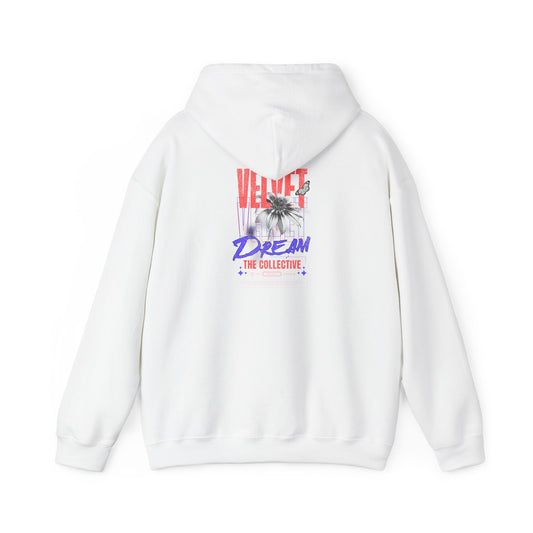 Luxury white hoodie showcasing the stunning VELVET DREAM design on the back, featuring floral and geometric artwork for a stylish and eye-catching look.
