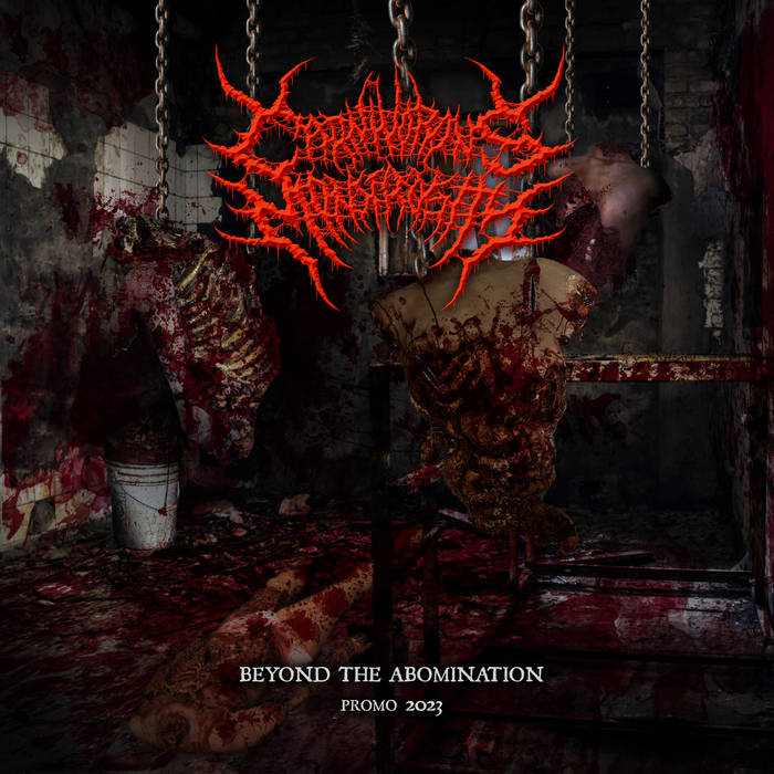 Carnivorous Monstrosity's 'Beyond The Abomination' album cover, an enticing Death Metal CD released by Rancid Offal Records, featuring dark, intricate artwork that reflects the genre's intense themes.