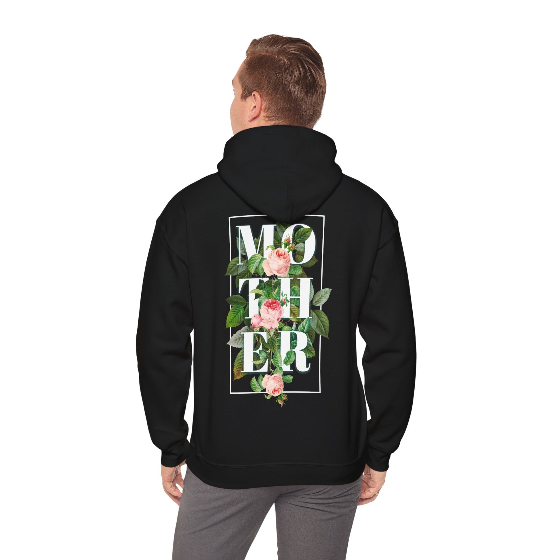 Stylish black hoodie with an exquisite floral 'MOTHER' graphic on the back, merging elegance and comfort for a fashionable look.