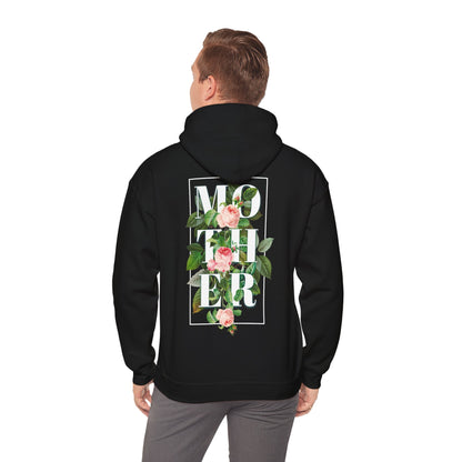 Stylish black hoodie with an exquisite floral 'MOTHER' graphic on the back, merging elegance and comfort for a fashionable look.