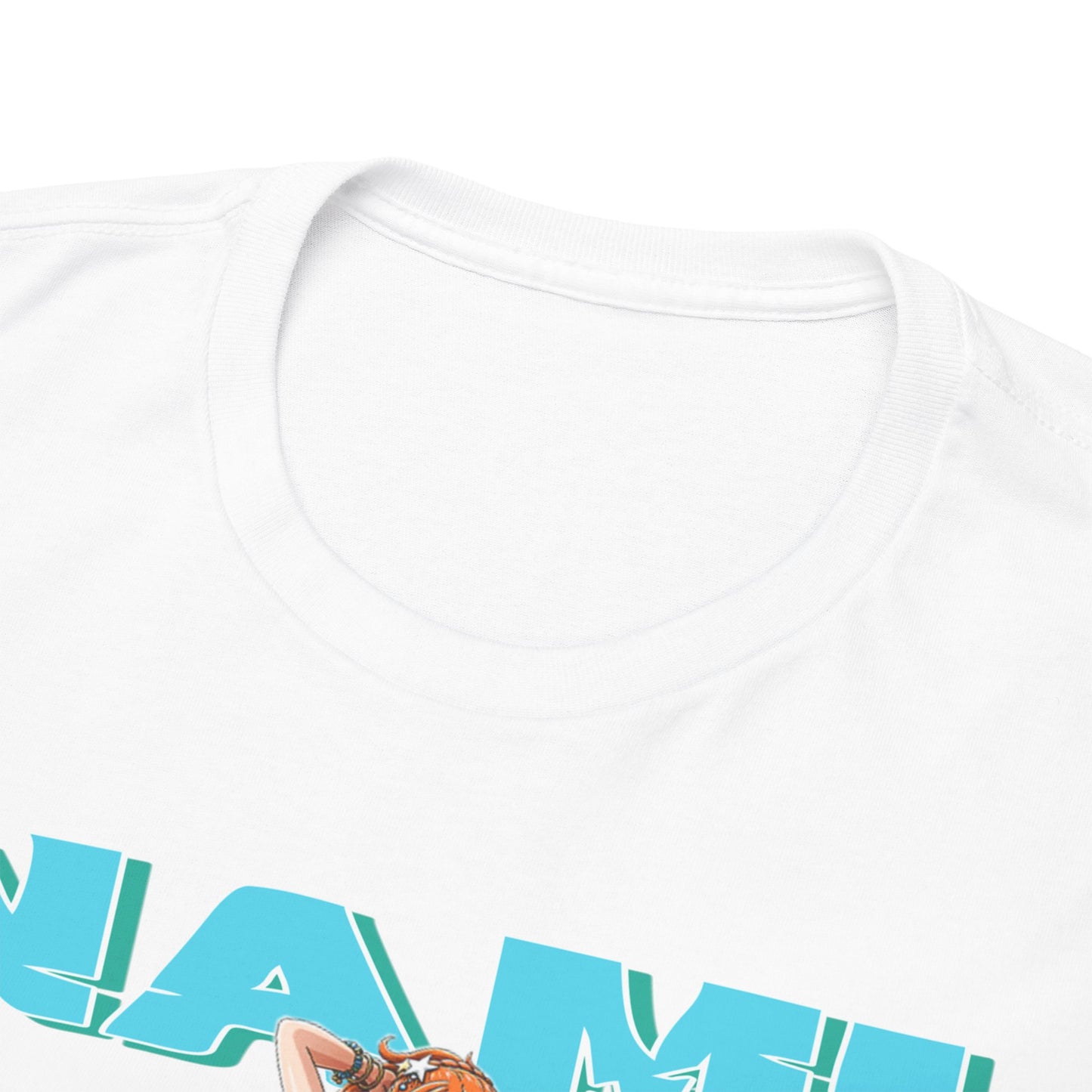 Close-up shot of the neckline and collar of a luxury Nami anime t-shirt, showcasing superior fabric quality and attention to detail.