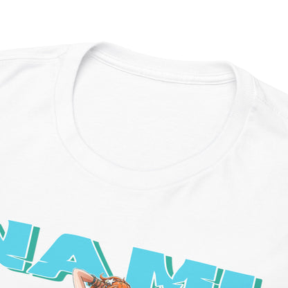 Close-up shot of the neckline and collar of a luxury Nami anime t-shirt, showcasing superior fabric quality and attention to detail.