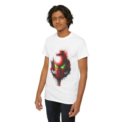 Sophisticated model sporting a striking white t-shirt with a vibrant helmet graphic, accentuating a fashionable streetwear look perfect for urban adventures.