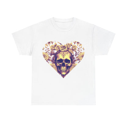 Skulls and Roses Cotton Tee in white, presenting a captivating steampunk skull flanked by roses, combining elegance and edgy fashion.