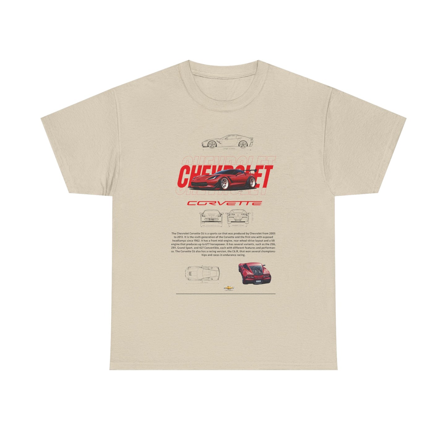 Chic beige Chevrolet Corvette C6 T-shirt adorned with vibrant graphics and technical details, merging fashion with the legacy of American muscle.