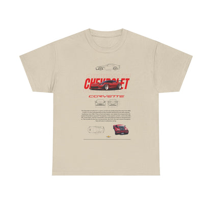 Chic beige Chevrolet Corvette C6 T-shirt adorned with vibrant graphics and technical details, merging fashion with the legacy of American muscle.